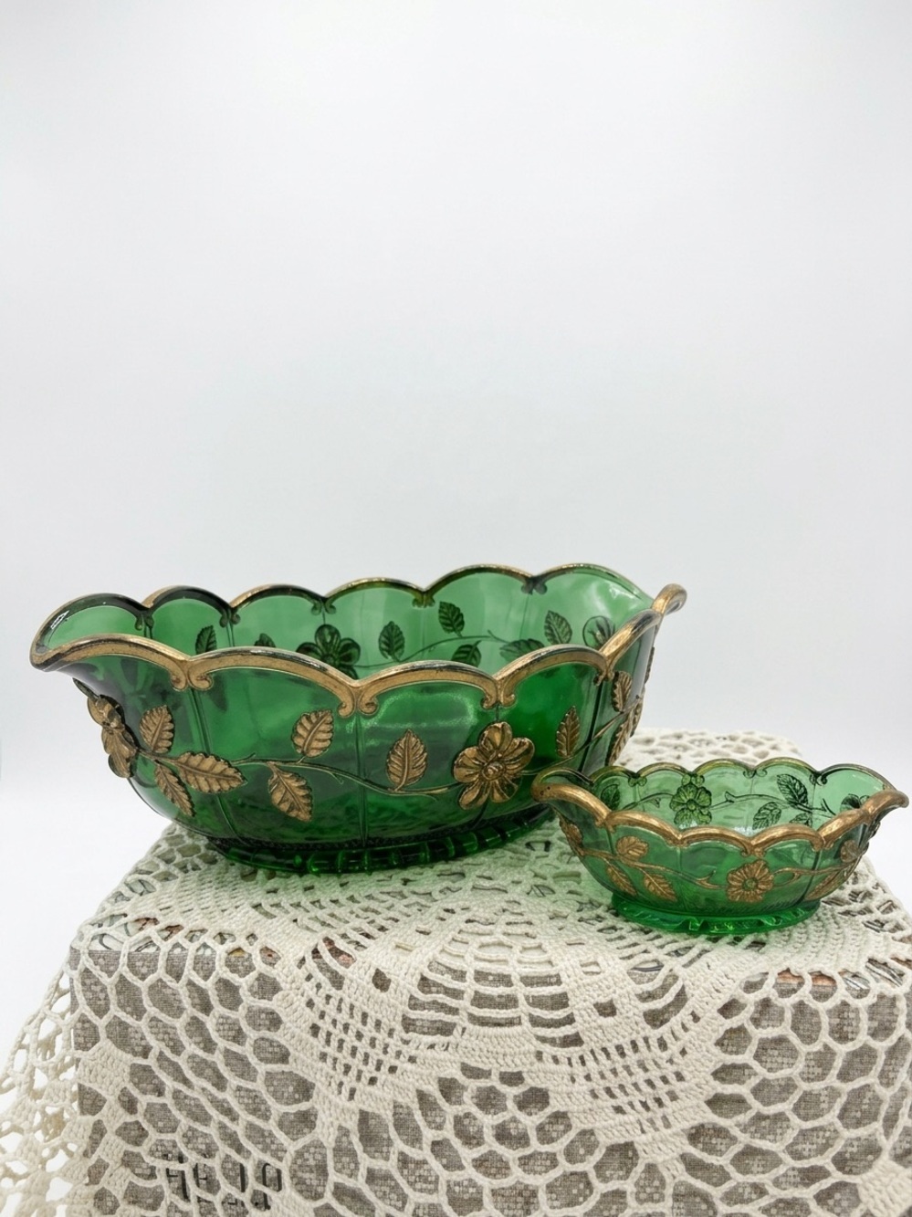 Vintage Emerald Green Glass Bowl Set with Elegant Gold Floral Metal Overlay